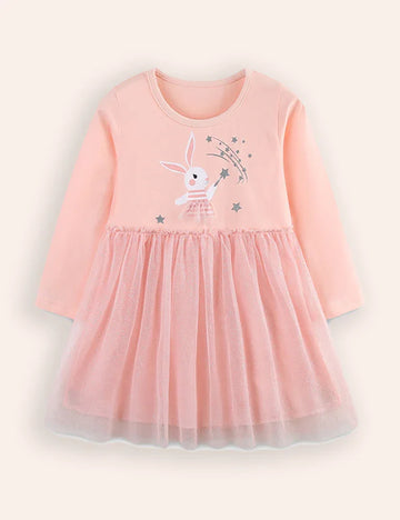 Bunny Printed Long Sleeves Tulle Dress